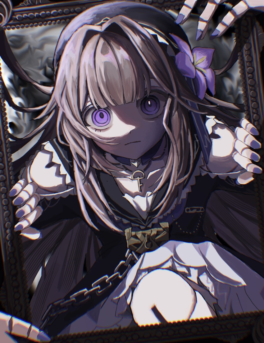 1girl, beret, black_hat, brown_hair, choker, closed_mouth, doll_joints, flower, hat, hat_flower, herta_(puppet)_(honkai:_star_rail), highres, honkai:_star_rail, honkai_(series), joints, key, key_choker, knee_up, long_hair, long_sleeves, looking_at_viewer, picture_frame, purple_choker, purple_eyes, purple_flower, purple_nails, ringed_eyes, sidelocks, single_empty_eye, solo, through_wall, very_long_hair, yuni_(_nx_xn9)