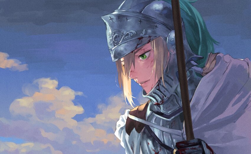 1boy, armor, bedivere_(fate), blonde_hair, blood, blood_on_clothes, blood_on_face, blue_sky