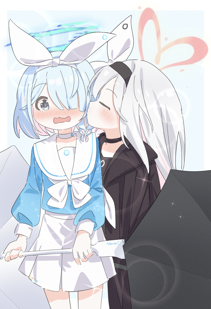 2girls, absurdres, arona_(blue_archive), black_choker, black_hairband, blue_archive, blue_eyes, blue_hair, blue_halo, braid, choker, grey_hair, hair_over_one_eye, hairband, halo, heart, heart_halo, highres, kiss, long_hair, long_sleeves, multiple_girls, neckerchief, plana_(blue_archive), pleated_skirt, puffy_long_sleeves, puffy_sleeves, red_halo, rizuaki, sailor_collar, short_hair, single_braid, skirt, white_choker, white_neckerchief, white_sailor_collar, white_skirt