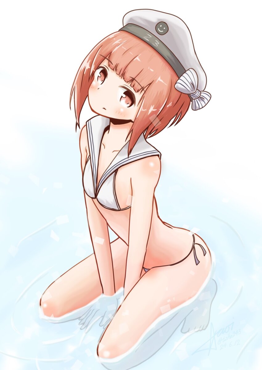 1girl, aaoi, bikini, blunt_bangs, brown_eyes, brown_hair, clothes_writing, hat