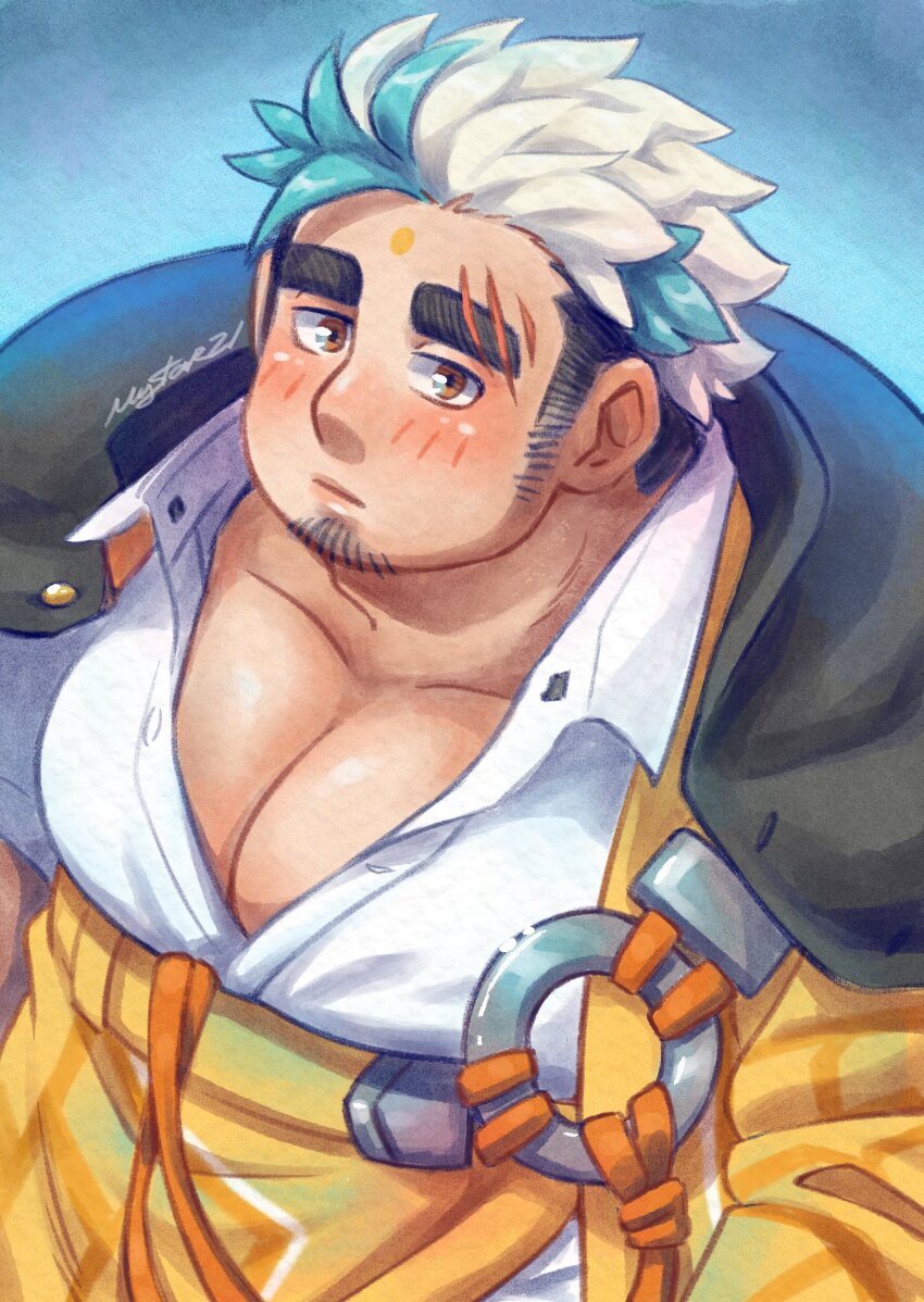 1boy, bara, blush, collared_shirt, facial_hair, facial_mark, fat, fat_man
