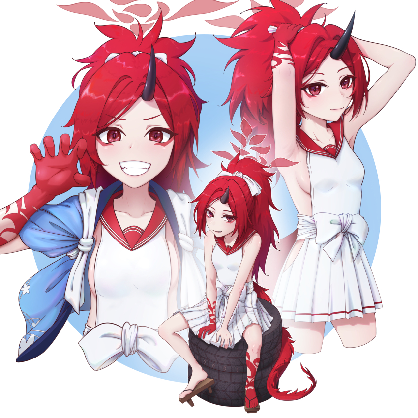 absurdres, armpits, arms_behind_head, bare_legs, bare_shoulders, between_legs, blue_archive, blue_jacket