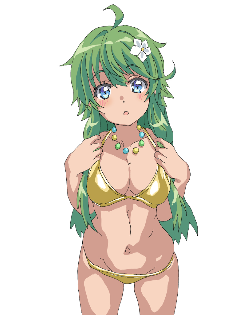 1girl, aged_up, ahoge, bead_necklace, beads, bikini, breasts, cowboy_shot