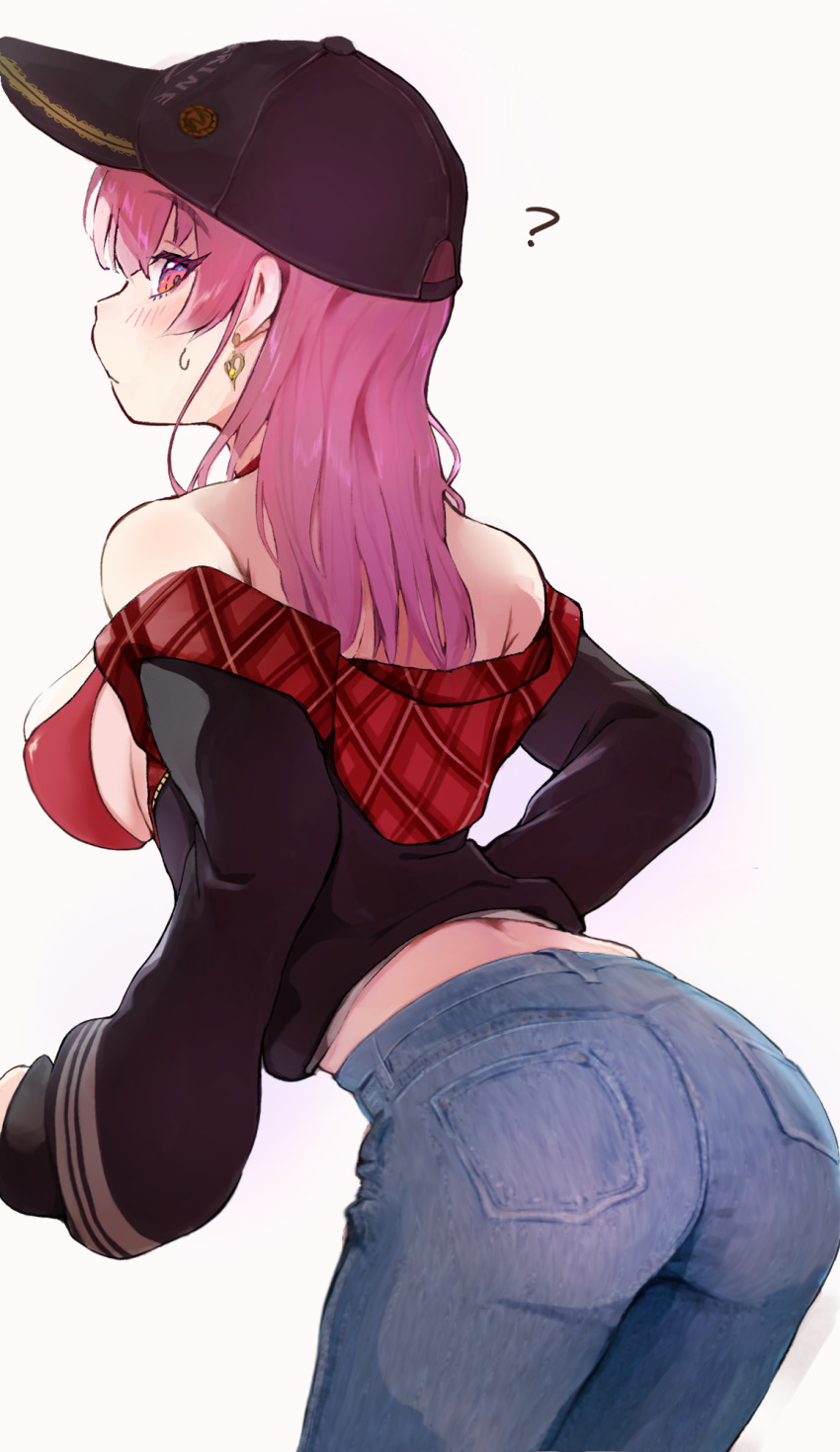 1girl, ?, arched_back, ass, baseball_cap, bikini, black_jacket, blue_pants, breasts, commentary, cowboy_shot, denim, earrings, from_behind, grey_background, halterneck, hat, heart, heart_earrings, highres, hololive, hood, hood_down, hooded_jacket, houshou_marine, houshou_marine_(summer), imazakey, jacket, jeans, jewelry, large_breasts, leaning_forward, long_hair, long_sleeves, looking_back, midriff_peek, off_shoulder, official_alternate_costume, official_alternate_hairstyle, pants, pocket, purple_eyes, purple_hair, red_bikini, red_hat, sideboob, simple_background, solo, sweatdrop, swimsuit, untranslatable_commentary, virtual_youtuber
