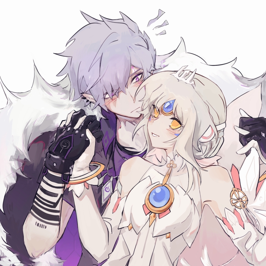 1boy, 1girl, add_(elsword), android, black_gloves, blush, chest_jewel, closed_mouth, code:_esencia_(elsword), commentary_request, detached_sleeves, doom_bringer_(elsword), dress, elsword, eve_(elsword), fur-trimmed_jacket, fur_trim, gloves, grey_hair, grin, height_difference, hetero, highres, holding_hands, interlocked_fingers, jacket, jacket_on_shoulders, looking_at_another, narokoko, purple_eyes, purple_jacket, robot_ears, short_hair, short_sleeves, simple_background, smile, white_background, white_dress, white_gloves, white_hair, yellow_eyes