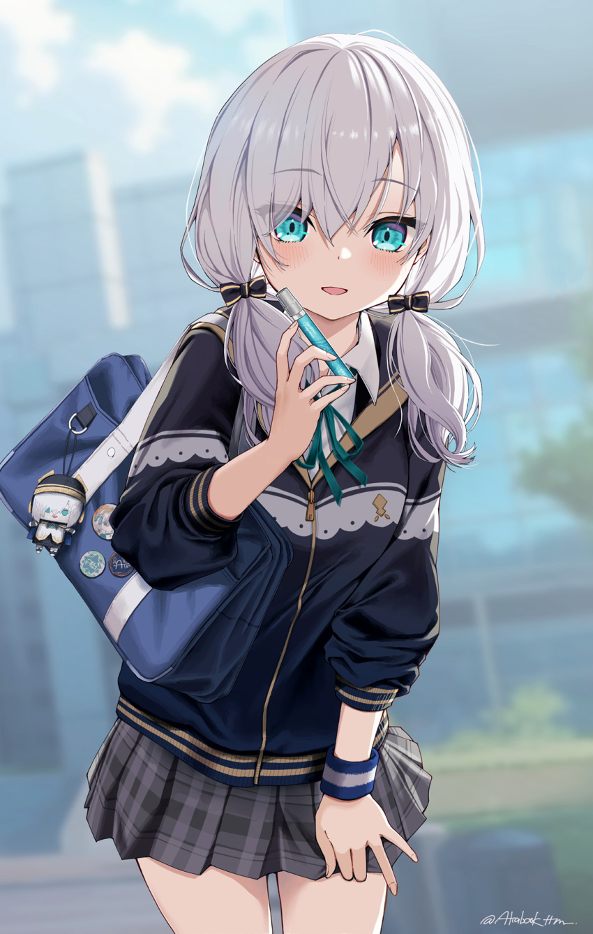 1girl, aqua_eyes, ars_almal, ars_almal_(4th_costume), bag, character_doll, collared_shirt, doll