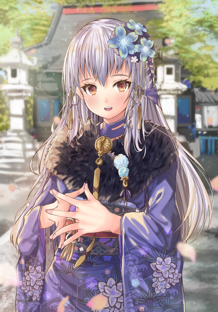 1girl, :d, blue_archive, blue_kimono, braid, commission, cosplay, fire_emblem