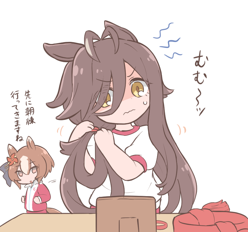 2girls, adjusting_hair, alternate_costume, animal_ears, antenna_hair, blush, brown_hair, commentary_request