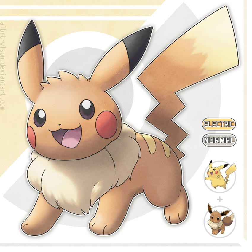 absurdres, albrt-wlson, black_eyes, deviantart_username, eevee, fusion, gen_1_pokemon, highres, nintendo, no_humans, open_mouth, pikachu, pokemon, pokemon_(creature), smile, solo