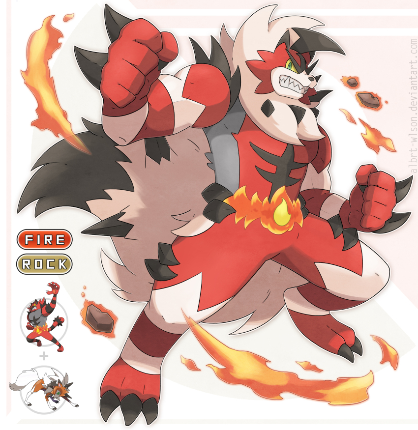 absurdres, albrt-wlson, claws, colored_sclera, fire, fist, furry, fusion