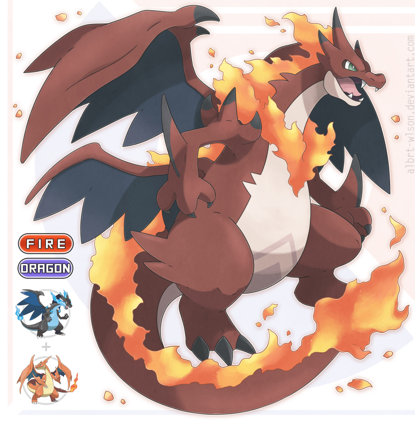 absurdres, albrt-wlson, charizard, claws, deviantart_username, dragon, fiery_tail, fire, fusion, gen_1_pokemon, green_eyes, highres, mega_charizard_x, mega_charizard_y, mega_pokemon, nintendo, no_humans, open_mouth, pokemon, pokemon_(creature), solo, spikes, tail, tongue, tongue_out, wings