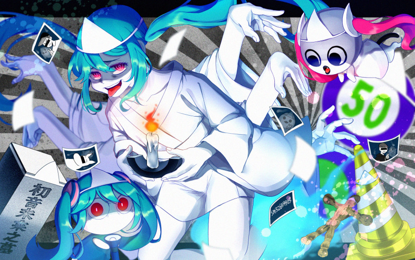 3girls, aimaina, aqua_hair, bar_censor, censored, colored_skin, doushite-chan, ghost, hatsune_miku, highres, japanese_clothes, kimono, long_hair, looking_at_viewer, low_twintails, multiple_girls, obake_no_ukenerai_(vocaloid), obi, pink_eyes, sash, shiroshouzoku, solo, tentecomai, translated, triangular_headpiece, twintails, very_long_hair, vocaloid