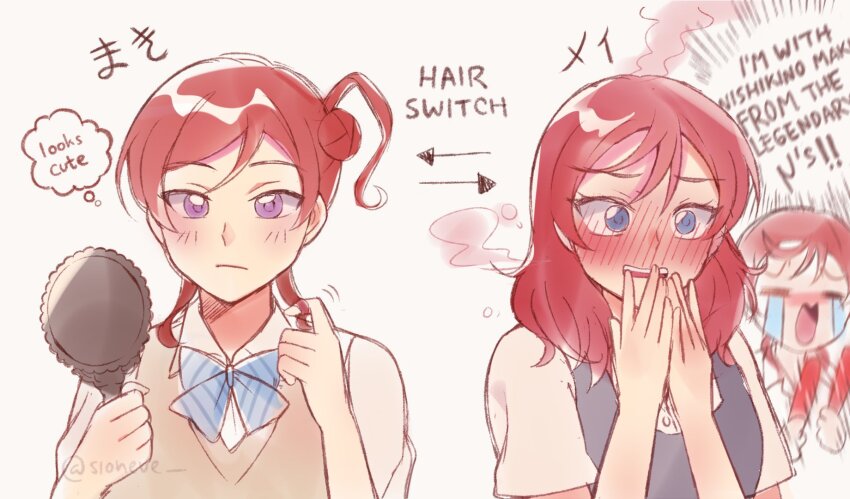 2girls, alternate_hairstyle, arrow_(symbol), blue_eyes, blue_ribbon, blush, bowtie, character_name, collared_shirt, color_connection, commentary, crying, diagonal-striped_bow, diagonal-striped_bowtie, diagonal-striped_clothes, dress, dress_shirt, english_commentary, english_text, flustered, glowstick, grey_dress, hair_bun, hair_color_connection, hairstyle_switch, hands_up, happy, happy_tears, head_steam, highres, holding, holding_glowstick, holding_mirror, imagining, in-franchise_crossover, long_hair, love_live!, love_live!_school_idol_project, love_live!_superstar!!, mirror, multiple_girls, nishikino_maki, open_mouth, otonokizaka_school_uniform, pinafore_dress, purple_eyes, red_hair, ribbon, school_uniform, shirt, short_sleeves, single_hair_bun, single_side_bun, sioneve, sleeveless, sleeveless_dress, speech_bubble, striped_bow, striped_bowtie, striped_clothes, summer_uniform, sweater_vest, tears, thought_bubble, tsurime, twirling_hair, twitter_username, upper_body, white_background, white_shirt, wotagei, yoneme_mei, yuigaoka_school_uniform