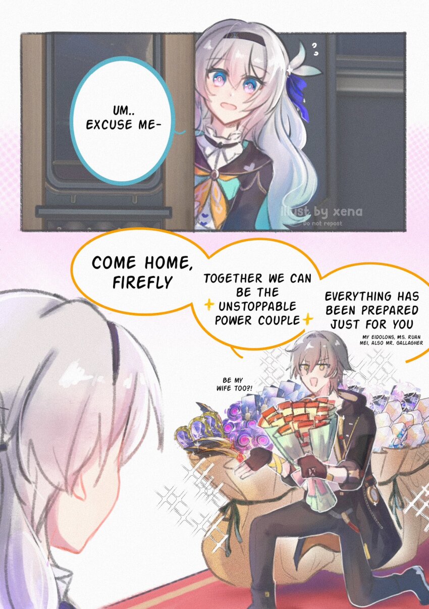 1boy, 1girl, bag, black_gloves, black_jacket, black_pants, blue_eyes, bouquet