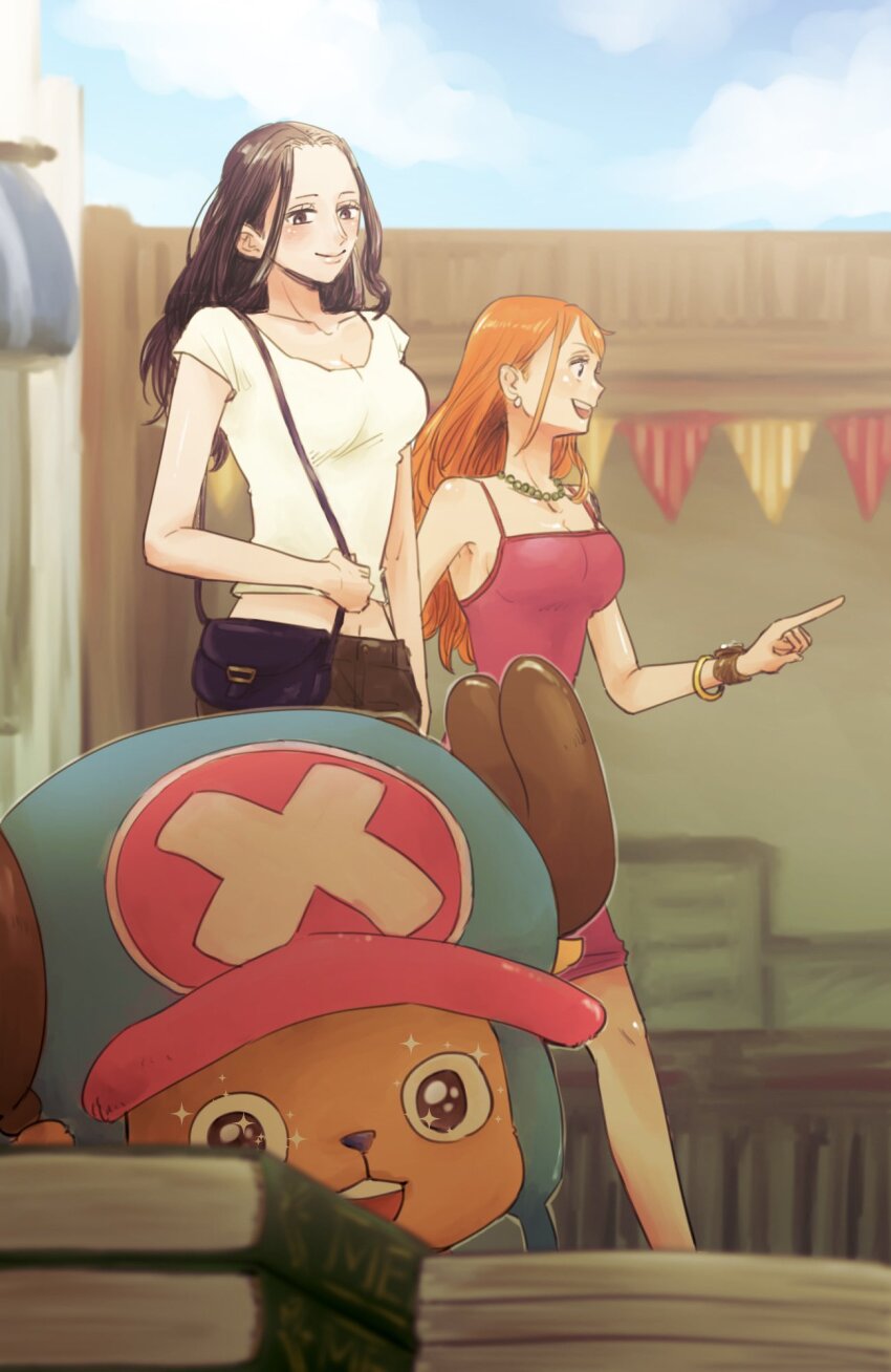 1boy, 2girls, antlers, horns_through_headwear, bag, bangle, bare_shoulders, black_hair