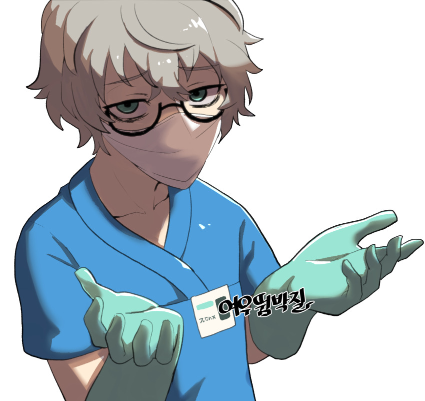 1boy, blonde_hair, blue_shirt, commentary, doctor_(pokemon), gigobyte350, glasses, gloves