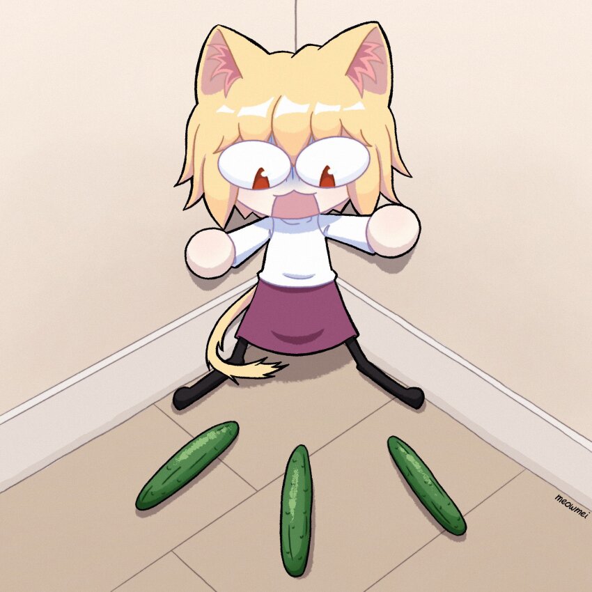 1girl, animal_ears, black_pantyhose, blonde_hair, cat_ears, cat_girl, cat_tail, cats_are_scared_of_cucumbers