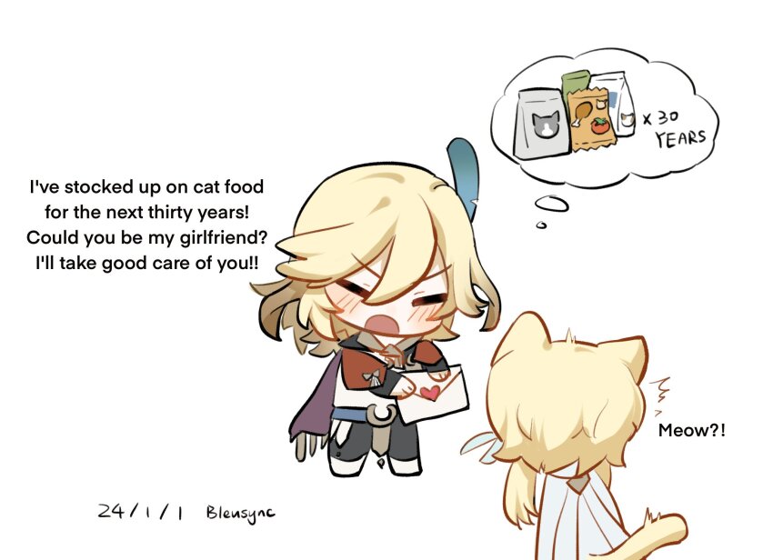 1boy, 1girl, animal_ears, artist_name, bleusync_chn, blonde_hair, blush, cat_ears, cat_girl, cat_tail, chibi, closed_eyes, couple, dated, english_text, envelope, feather_hair, genshin_impact, hetero, highres, kaveh_(genshin_impact), letter, love_letter, lumine_(genshin_impact), short_hair, speech_bubble, tail, thought_bubble