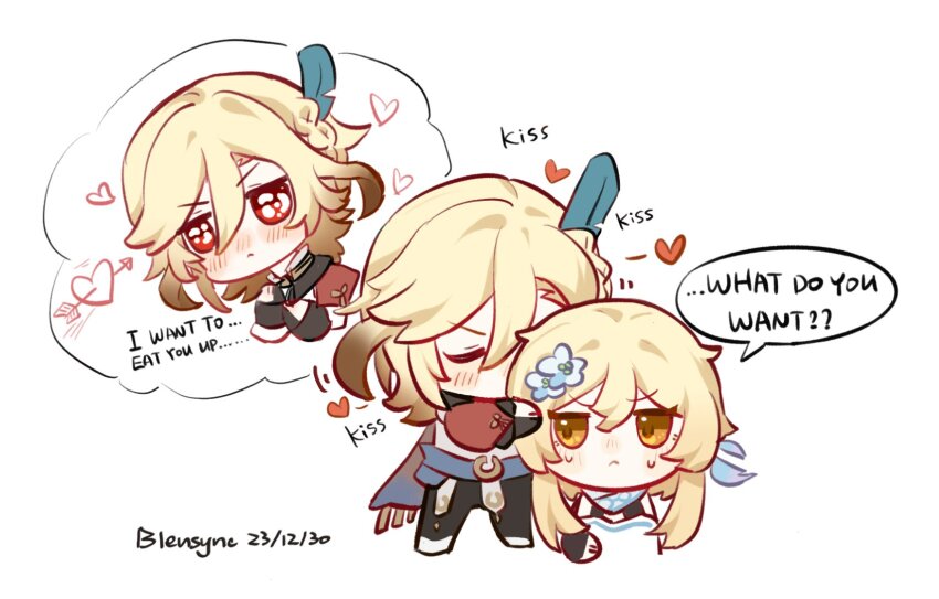 1boy, 1girl, arrow_through_heart, artist_name, bleusync_chn, blonde_hair, chibi, closed_eyes