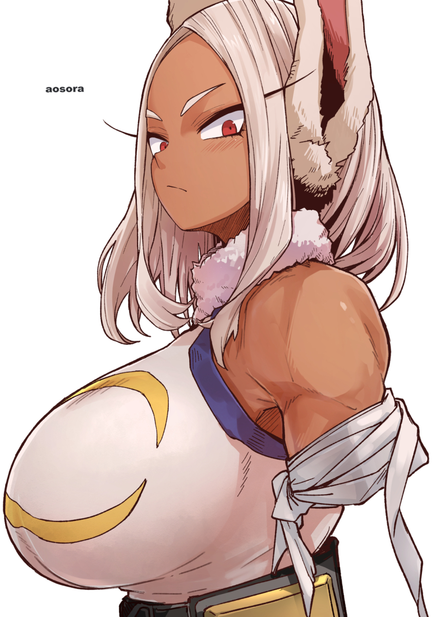 1girl, :/, amputee, animal_ears, aosora2823, artist_name, bandages, bare_shoulders, blush, boku_no_hero_academia, breasts, crescent_print, dark-skinned_female, dark_skin, fur_collar, highres, huge_breasts, large_breasts, leotard, long_eyelashes, looking_at_viewer, medium_hair, mirko, parted_bangs, rabbit_ears, rabbit_girl, red_eyes, simple_background, sleeveless_turtleneck_leotard, solo, taut_leotard, tourniquet, upper_body, white_background, white_hair, white_leotard