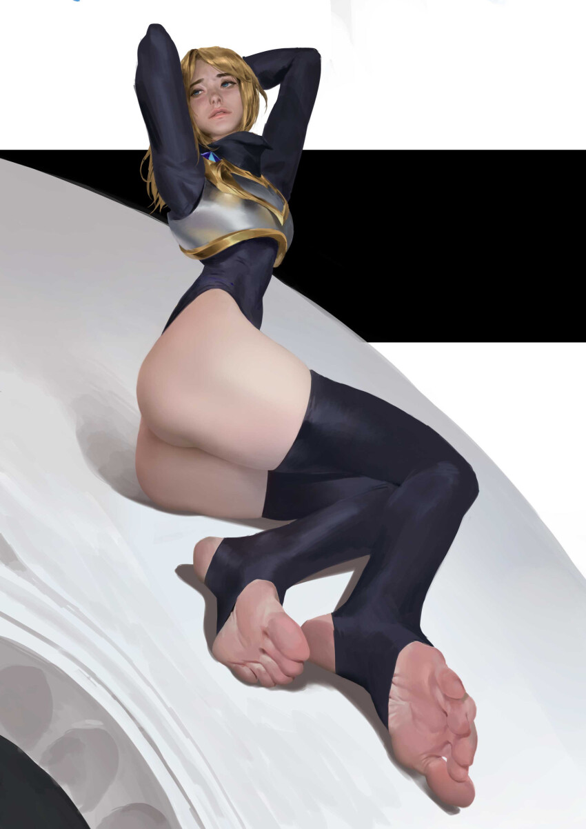 1girl, absurdres, ass, barefoot, blonde_hair, blue_eyes, feet, highres