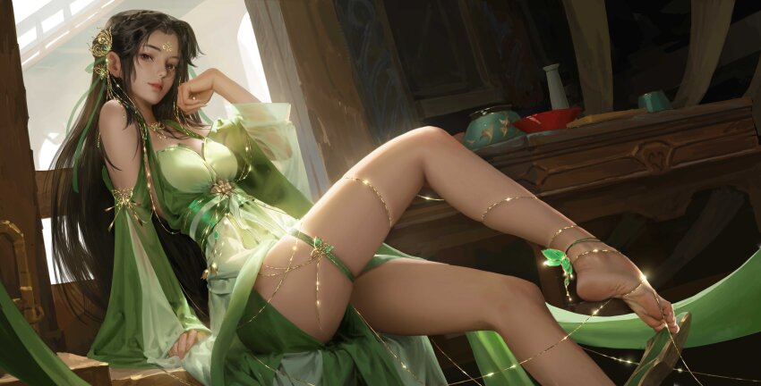 1girl, absurdres, barefoot, bi_yao_(zhu_xian), black_eyes, black_hair, feet, highres, long_hair, looking_at_viewer, parted_lips, sang_delan, shoe_dangle, soles, toes, zhu_xian