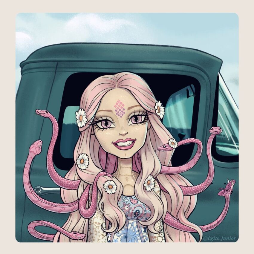 1girl, blonde_hair, daisy_(flower), dress, egitojuniior, floral_print, floral_print_dress, flower