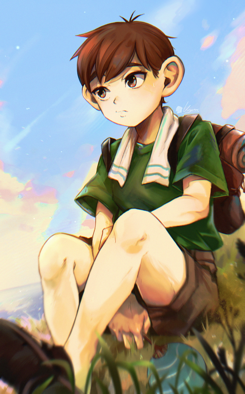 1boy, absurdres, artist_name, backpack, bag, blurry, blurry_foreground, brown_eyes