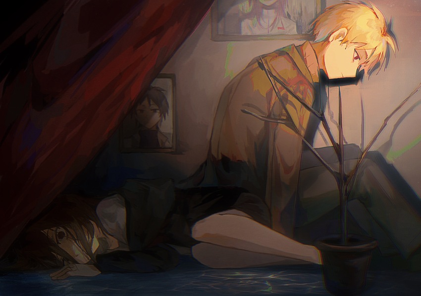 2boys, atou_haruki, black_jacket, black_pants, blonde_hair, brown_hair, brown_jacket, brown_shorts