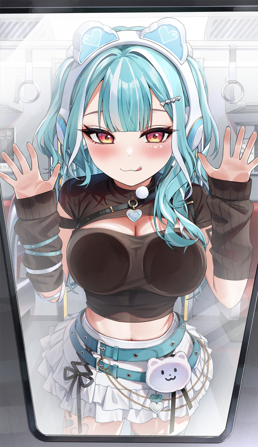 1girl, :3, :q, absurdres, against_glass, animal_ear_headphones, animal_ears, arm_warmers, belt, black_arm_warmers, black_belt, black_ribbon, black_shirt, blue_belt, blue_hair, blue_nails, blunt_bangs, blush, breast_press, breasts, breasts_on_glass, bu_leike, cleavage, cleavage_cutout, clothing_cutout, detached_sleeves, facial_mark, fake_animal_ears, frilled_skirt, frills, from_outside, hair_ornament, hairclip, hand_on_glass, headphones, heart, heart_facial_mark, heart_hair_ornament, highres, large_breasts, long_hair, looking_at_viewer, midriff, miniskirt, multicolored_hair, orange_eyes, pixel_heart, pleated_skirt, ribbon, shiranami_ramune, shiranami_ramune_(3rd_costume), shirt, skirt, sleeves_past_wrists, solo, streaked_hair, thigh_strap, tongue, tongue_out, train_interior, virtual_youtuber, vspo!, white_hair, white_skirt