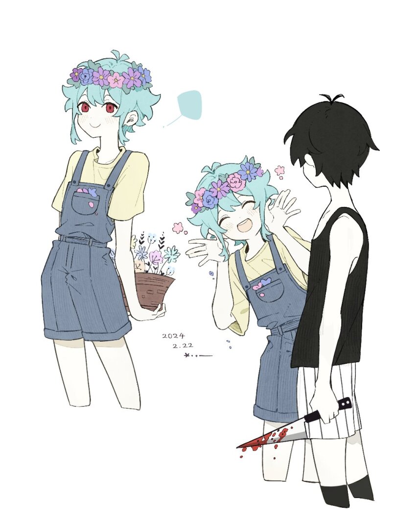 2boys, basil_(headspace)_(omori), basil_(omori), black_hair, black_tank_top, blood, bloody_knife, blue_overalls