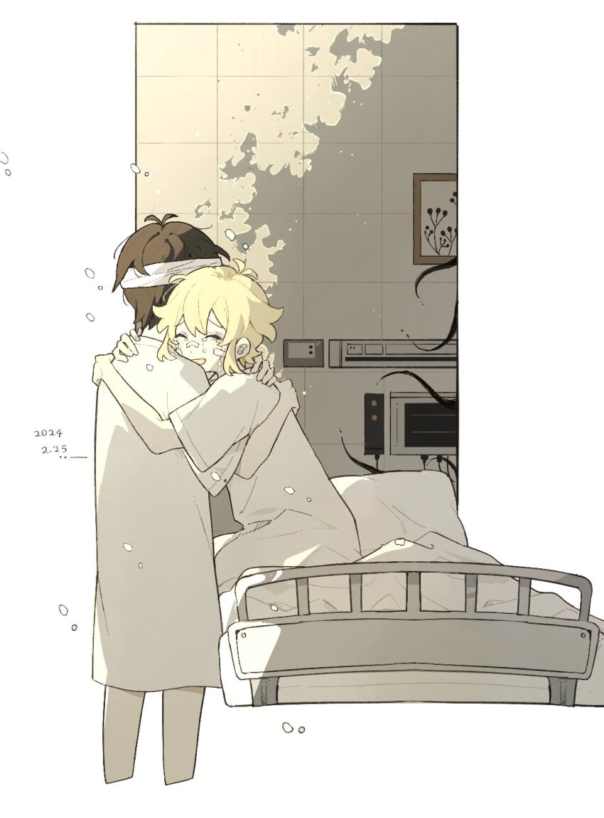 2boys, bandages, basil_(faraway)_(omori), basil_(hospital_gown)_(omori), basil_(omori), bed, black_hair, blonde_hair