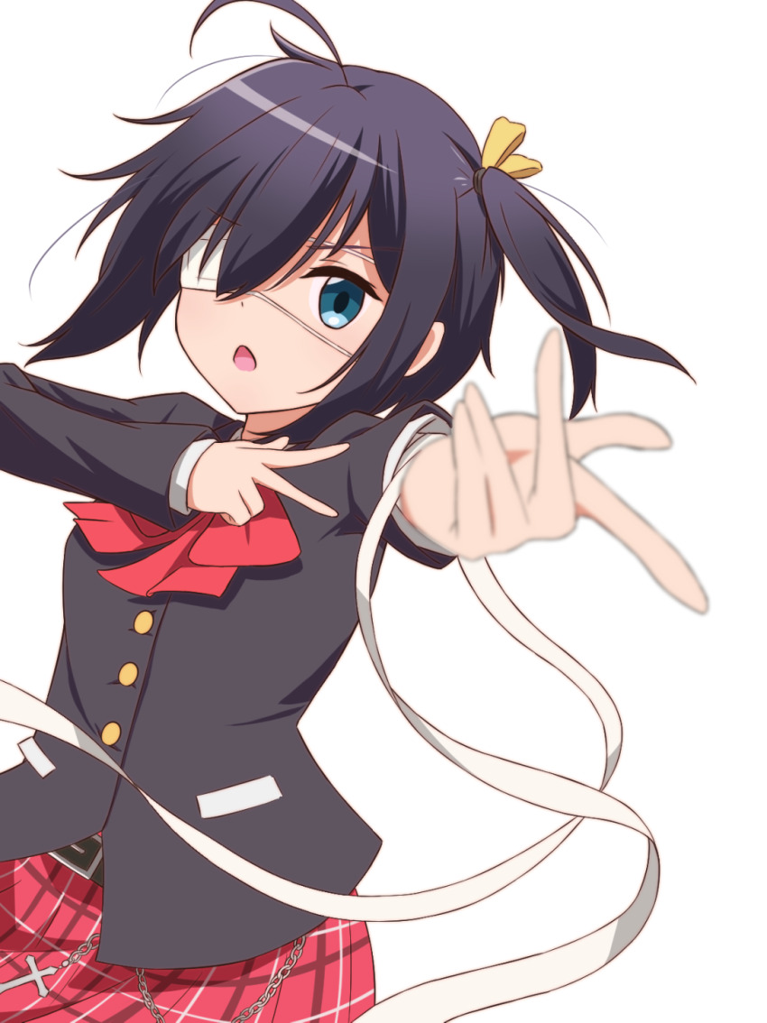 1girl, ahoge, aqua_eyes, black_hair, black_jacket, blurry, chain, chuunibyou, chuunibyou_demo_koi_ga_shitai!, commentary, cowboy_shot, cross, depth_of_field, eyepatch, floating_hair, foreshortening, freedomman_hero, hair_between_eyes, hair_ribbon, hand_up, highres, index_finger_raised, jacket, long_sleeves, looking_at_viewer, medical_eyepatch, medium_hair, one_eye_covered, open_mouth, outstretched_arm, plaid_clothes, plaid_skirt, pointing, pointing_at_viewer, ponytail, red_skirt, ribbon, school_uniform, serious, short_ponytail, simple_background, skirt, solo, takanashi_rikka, v, v-shaped_eyebrows, white_background, yellow_ribbon