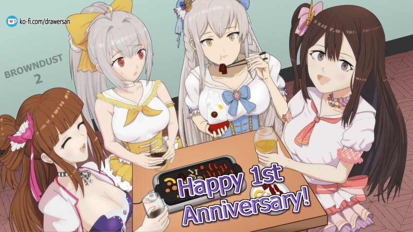 4girls, beret, blue_choker, blue_corset, blue_hat, bowl, breasts, brown_dust_(series)