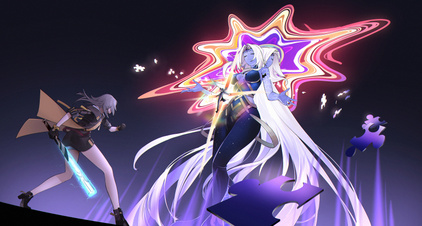 1boy, 1girl, 1other, absurdly_long_hair, absurdres, arm_up, baseball_bat, black_footwear