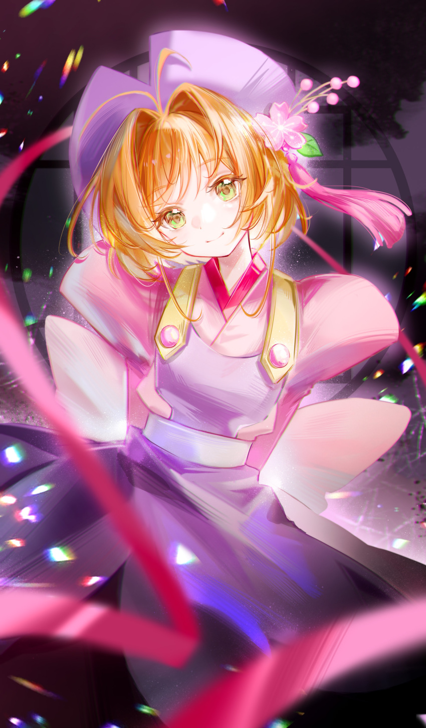 1girl, absurdres, antenna_hair, arms_behind_back, brown_hat, cardcaptor_sakura, cherry_blossoms, closed_mouth