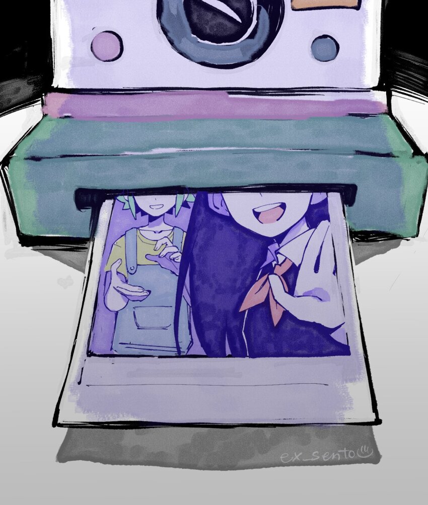 1boy, 1girl, basil_(headspace)_(omori), basil_(omori), blue_overalls, camera, collarbone, colored_skin