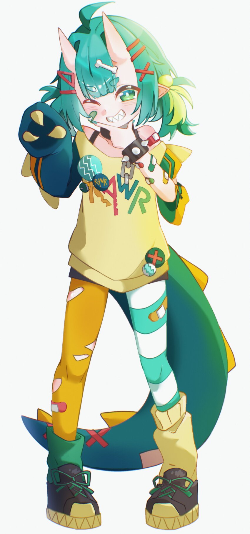 1girl, absurdres, ahoge, animal_hands, asymmetrical_legwear, asymmetrical_sleeves, bandaid, bandaid_on_arm, bandaid_on_cheek, bandaid_on_face, bandaid_on_shoulder, bare_shoulders, blush, bone_hair_ornament, bracelet, bright_pupils, broken, broken_chain, chain, chio_chompi, collar, cuffs, dinosaur_girl, dinosaur_horns, dinosaur_tail, finger_gun, full_body, gloves, green_eyes, green_hair, green_nails, grin, hair_ornament, hairclip, hand_on_own_chin, highres, horns, jewelry, looking_at_viewer, loose_socks, medium_hair, mismatched_legwear, mismatched_socks, mismatched_thighhighs, multicolored_hair, neck_ring, notkuriimu, off-shoulder_shirt, off_shoulder, one_eye_closed, paw_gloves, pixellink, pointy_ears, shackles, sharp_teeth, shirt, shoes, short_twintails, simple_background, smile, sneakers, socks, solo, spiked_bracelet, spikes, striped_clothes, striped_leggings, tail, teeth, thighhighs, twintails, virtual_youtuber, white_background, yellow_shirt