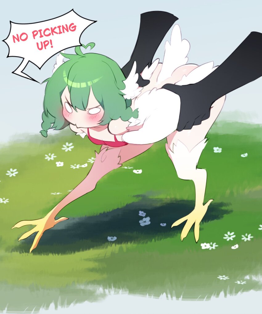 1girl, ahoge, angry, bare_shoulders, birb_(niniidawns), bird_legs, bird_tail, blank_eyes, blush, braid, commentary, disembodied_hand, english_commentary, feathered_wings, feathers, grabbing_another's_wing, green_hair, hair_between_eyes, harpy, head_wings, heart, heart_ahoge, highres, long_hair, monster_girl, niniidawns, original, red_tank_top, solo_focus, tail, talons, tank_top, twin_braids, white_feathers, white_wings, wing_ears, winged_arms, wings