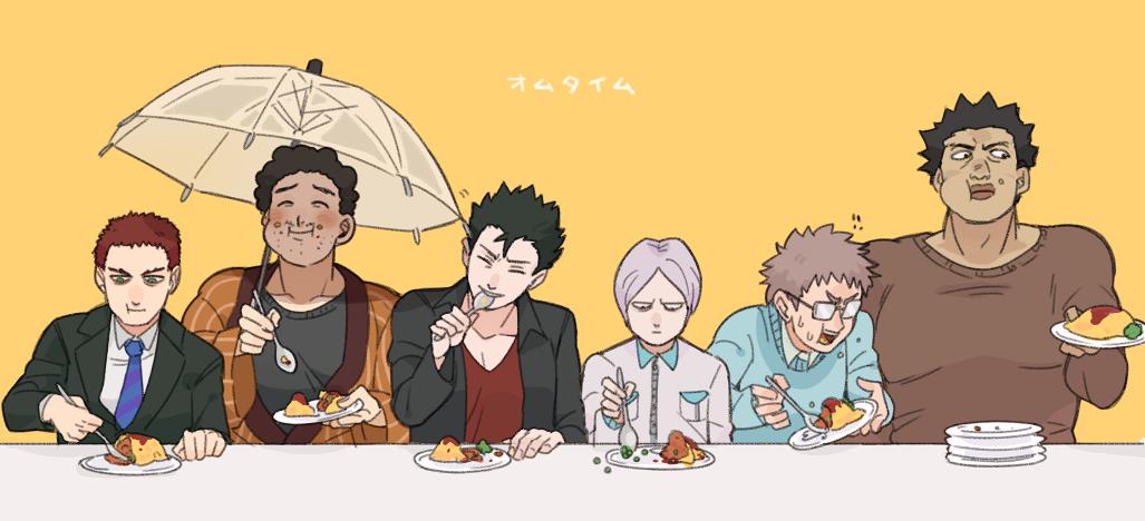 !, !!, 6+boys, :t, ^_^, afro, beard, black_hair