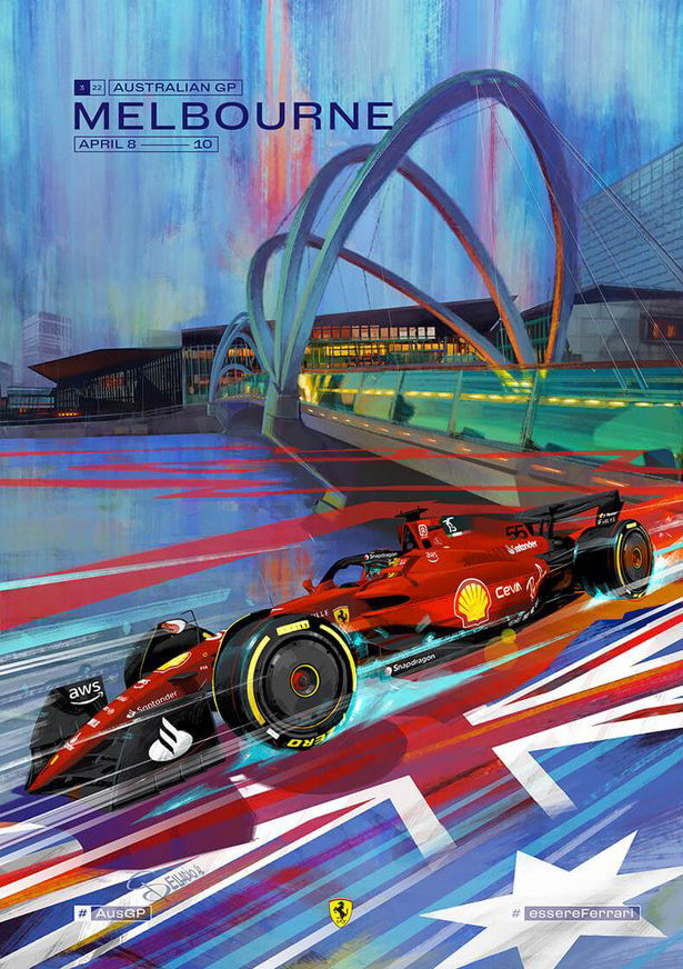 1boy, amazon_(company), australian_flag, bridge, car, carlos_sainz, commentary, driving, english_commentary, ferrari, formula_one, formula_racer, from_side, logo, melbourne, motor_vehicle, official_art, race_vehicle, racecar, real_life, real_world_location, red_car, seafarers_bridge, shell_(company), simone_delladio, sky, spoiler_(automobile), sponsor, vehicle_focus