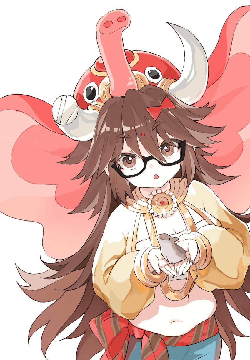 1girl, animal, animal_on_hand, belly, bindi, bindi_visible_through_hair, bow, breasts