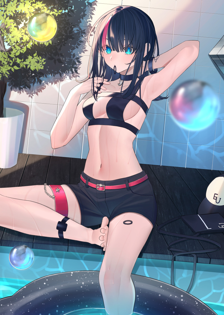 1girl, absurdres, bare_shoulders, barefoot, baseball_cap, bikini, black_bikini, black_hair