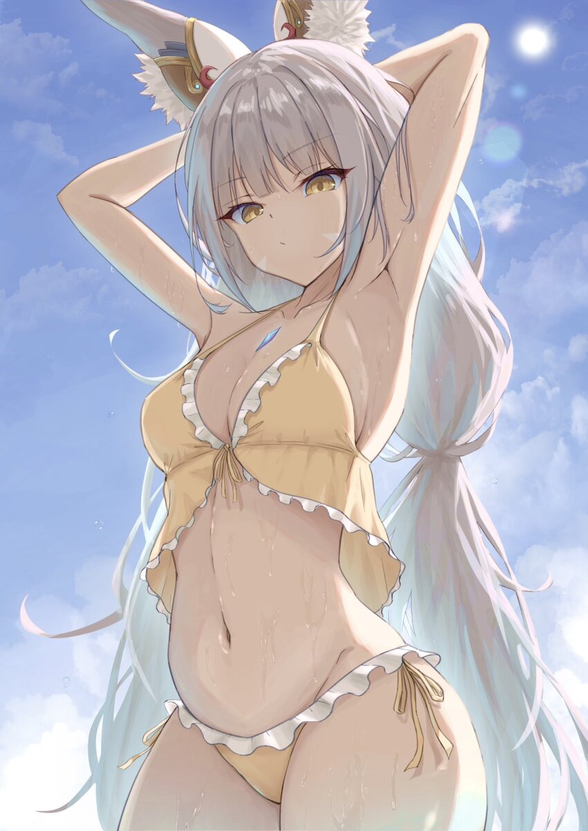alternate_costume, animal_ears, bikini, breasts, cat_ears, cat_girl, highres, nia_(blade)_(xenoblade), nia_(xenoblade), okazu2010015, small_breasts, swimsuit, xenoblade_chronicles_(series), xenoblade_chronicles_2
