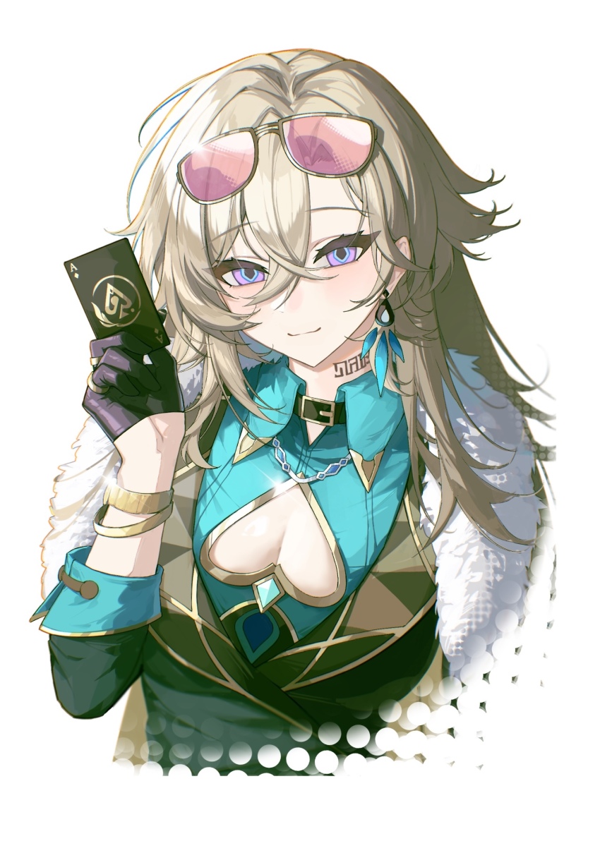 1girl, ace_(playing_card), aqua_shirt, aventurine_(honkai:_star_rail), belt_collar, black_gloves, black_jacket, black_vest