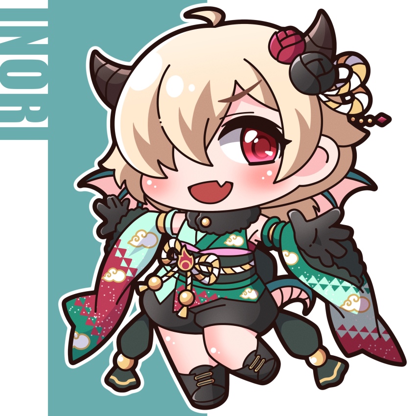 1girl, :d, absurdres, ahoge, black_boots, black_flower, black_gloves, black_shorts, blonde_hair, blue_background, blush, boots, character_name, chibi, commentary_request, detached_sleeves, dragon_girl, dragon_horns, dragon_tail, dragon_wings, fang, flower, full_body, fur-trimmed_sleeves, fur_collar, fur_trim, gloves, green_kimono, green_sleeves, hair_flower, hair_ornament, hair_over_one_eye, highres, horns, inori_(new_year)_(princess_connect!), inori_(princess_connect!), japanese_clothes, kimono, long_sleeves, open_mouth, outline, pink_wings, princess_connect!, puffy_shorts, red_eyes, red_flower, saishosaisekojo, shorts, sleeveless, sleeveless_kimono, smile, solo, standing, standing_on_one_leg, tail, two-tone_background, white_background, white_outline, wide_sleeves, wings