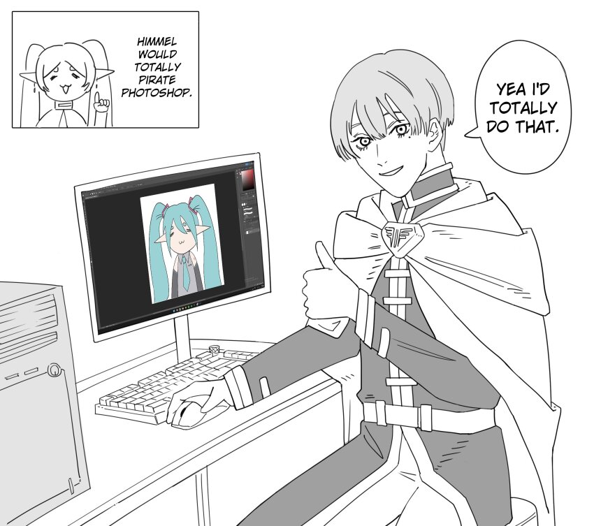 1boy, 1girl, :3, =_=, absurdres, adobe_photoshop, cape, closed_eyes, computer, computer_keyboard, computer_mouse, cosplay, cowboy_shot, english_text, frieren, hatsune_miku, hatsune_miku_(cosplay), highres, himmel_(sousou_no_frieren), himmel_would've_done_that_(meme), long_sleeves, looking_at_viewer, meme, mole, mole_under_eye, monitor, piracy, shirt, short_hair, simple_background, sitting, smile, sousou_no_frieren, speech_bubble, thumbs_up, vocaloid, white_background, xyanaid
