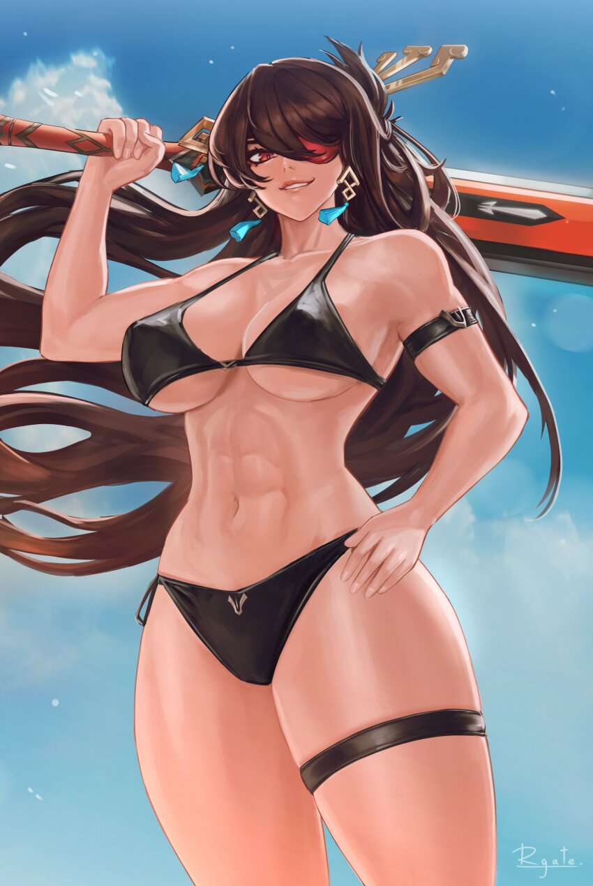 1girl, abs, absurdres, alternate_costume, arm_strap, beidou_(genshin_impact), bikini, black_bikini, black_hair, blackcliff_slasher_(genshin_impact), blue_sky, breasts, cleavage, cloud, collarbone, colored_eyepatch, commentary, earrings, english_commentary, eyepatch, genshin_impact, hair_ornament, hair_over_one_eye, hair_stick, hand_on_own_hip, highres, holding, holding_sword, holding_weapon, jewelry, large_breasts, long_hair, looking_at_viewer, navel, one_eye_covered, outdoors, over_shoulder, red_eyes, rgate, signature, sky, smile, solo, stomach, swimsuit, sword, sword_over_shoulder, tassel, tassel_hair_ornament, thigh_strap, toned, toned_female, very_long_hair, weapon, weapon_over_shoulder