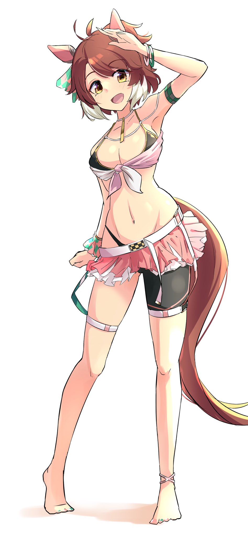 1girl, ahoge, alternate_costume, animal_ears, arm_up, armband, armpits, asymmetrical_clothes