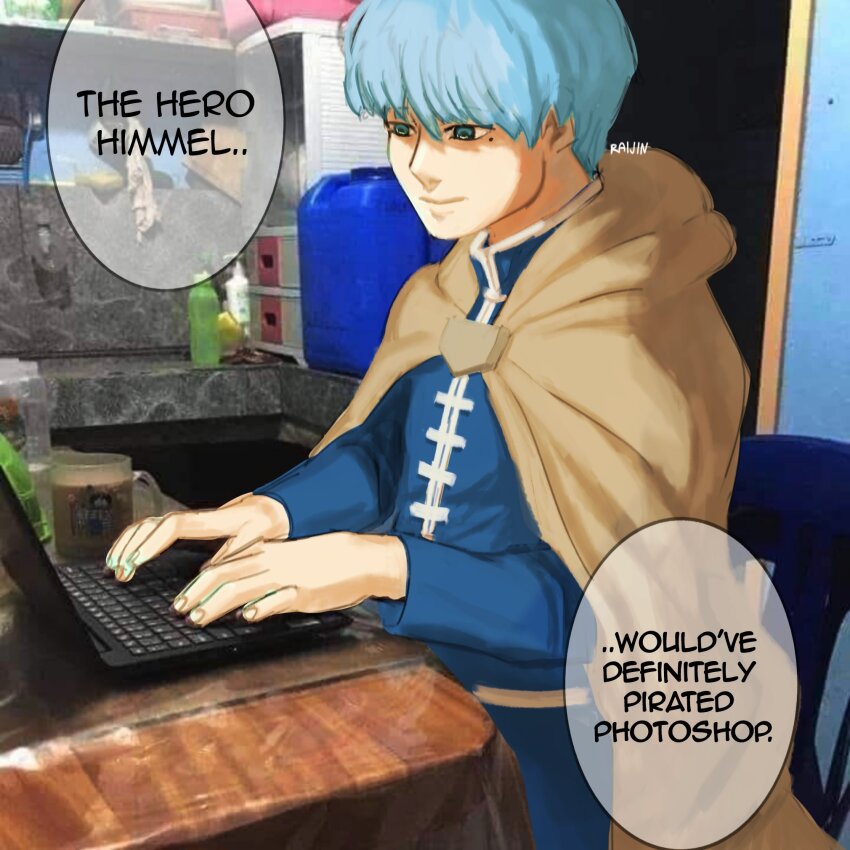 1boy, artist_name, blue_eyes, blue_hair, blue_shirt, brown_cloak, cloak, closed_mouth, commentary, computer, english_commentary, english_text, highres, himmel_(sousou_no_frieren), himmel_would've_done_that_(meme), laptop, long_sleeves, male_focus, meme, mole, mole_under_eye, photo_(medium), photo_background, raijin_(raijin_san3), shirt, sitting, solo, sousou_no_frieren, speech_bubble, upper_body, watermark